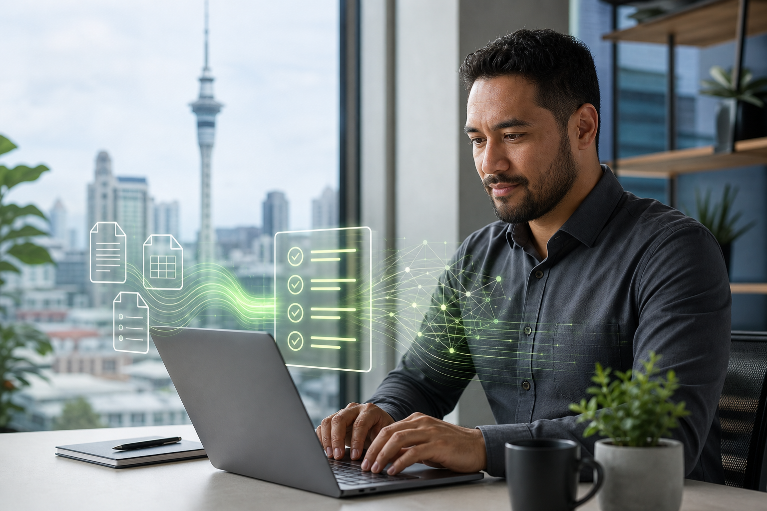 Practical AI clearing business admin — data and documents organised into useful workflows.